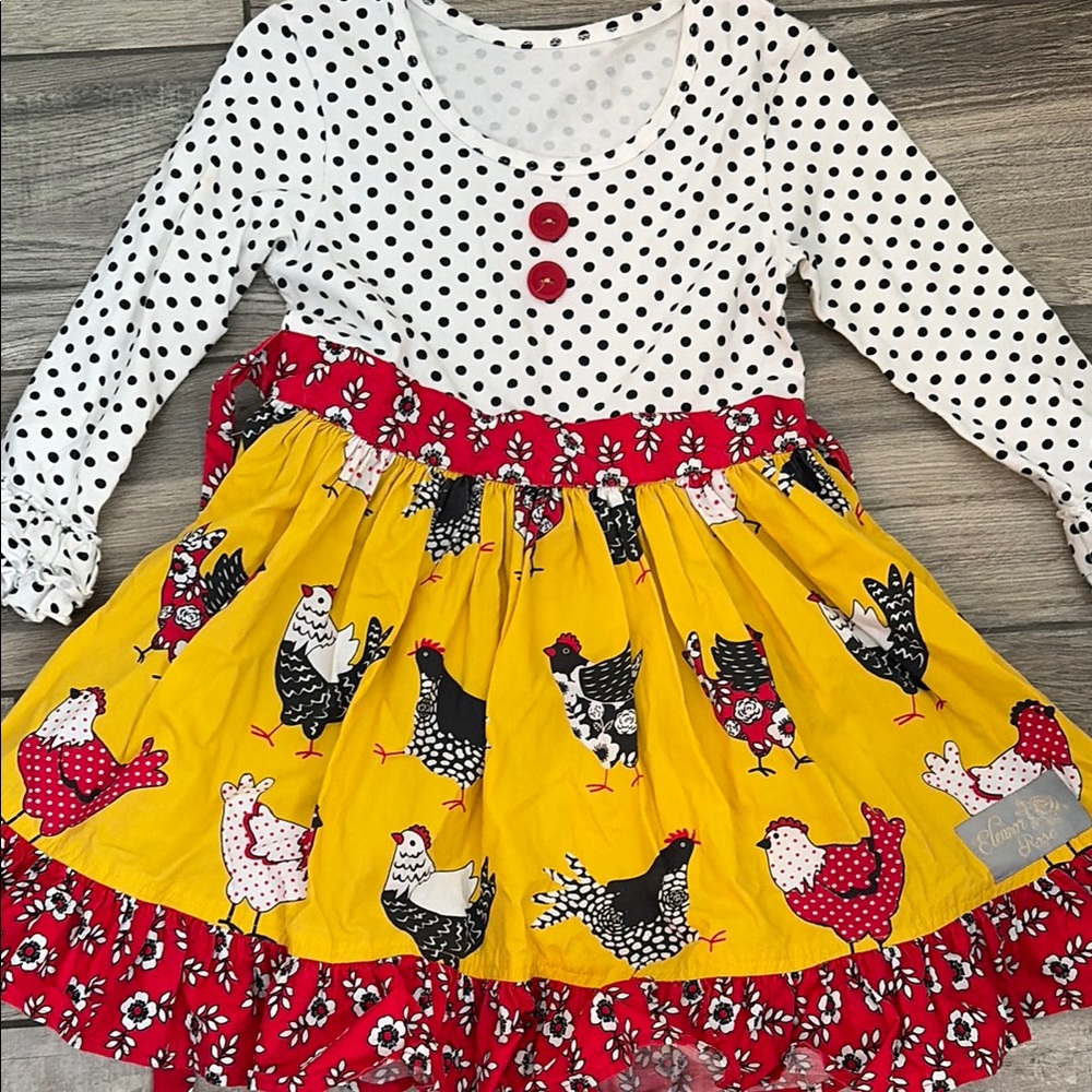 Eleanor Rose Polka Dot & Chicken Print Girls Dress - 3-4T